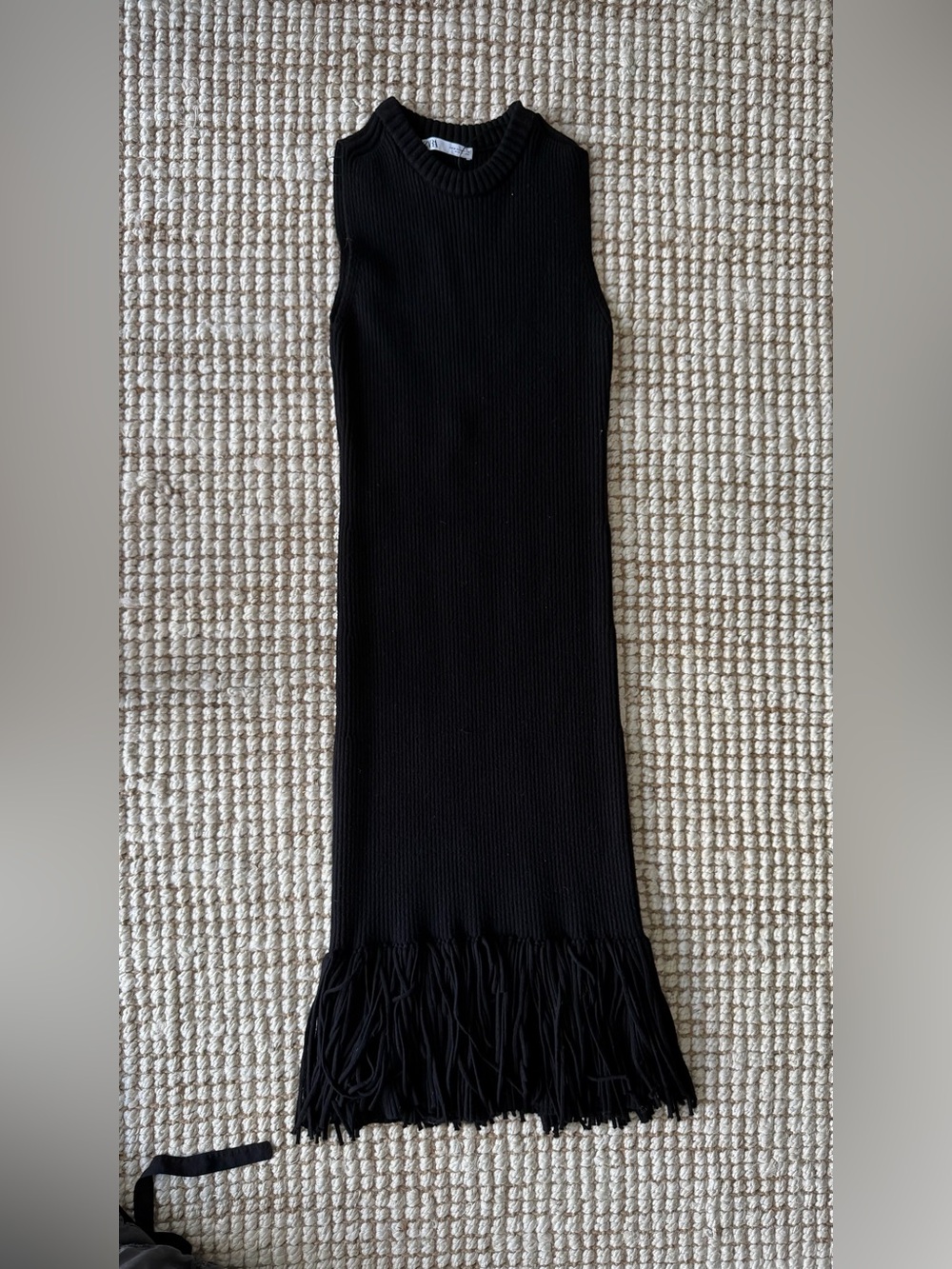 Zara Black Ribbed Knit Fringe Hem Maxi Dress
